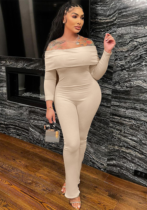 Fall Ribbed Off Shoulder Long Sleeve Solid Elastic Flared Jumpsuit