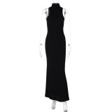 Women Half-high Collar Sleeveless Solid Maxi Dress