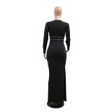 Women Round Neck Long Sleeve Beaded Hollow High Slit Dress