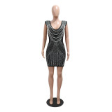 Women V-neck Sleeveless Bodycon Beaded Dress