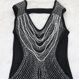 Women V-neck Sleeveless Bodycon Beaded Dress