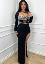 Women Round Neck Long Sleeve Beaded Hollow High Slit Dress