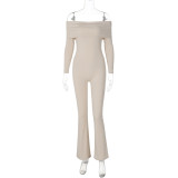 Fall Ribbed Off Shoulder Long Sleeve Solid Elastic Flared Jumpsuit