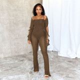 Women Long Sleeve Backless See-Through Lace-Up Bell Bottom Jumpsuit