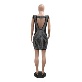 Women V-neck Sleeveless Bodycon Beaded Dress