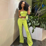 Women Summer Solid Sleeveless Strapless Embroidery Top and Pant Two-piece Set