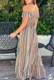 Women Summer Off Shoulder Short-sleeved striped pleated dress