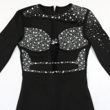 Women Round Neck Long Sleeve Beaded Hollow High Slit Dress