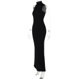 Women Half-high Collar Sleeveless Solid Maxi Dress