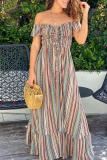 Women Summer Off Shoulder Short-sleeved striped pleated dress