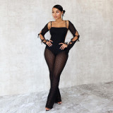 Women Long Sleeve Backless See-Through Lace-Up Bell Bottom Jumpsuit