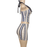 Women Summer Style Printed Sleeveless Halter Neck Striped Top and Skirt Two-piece Set