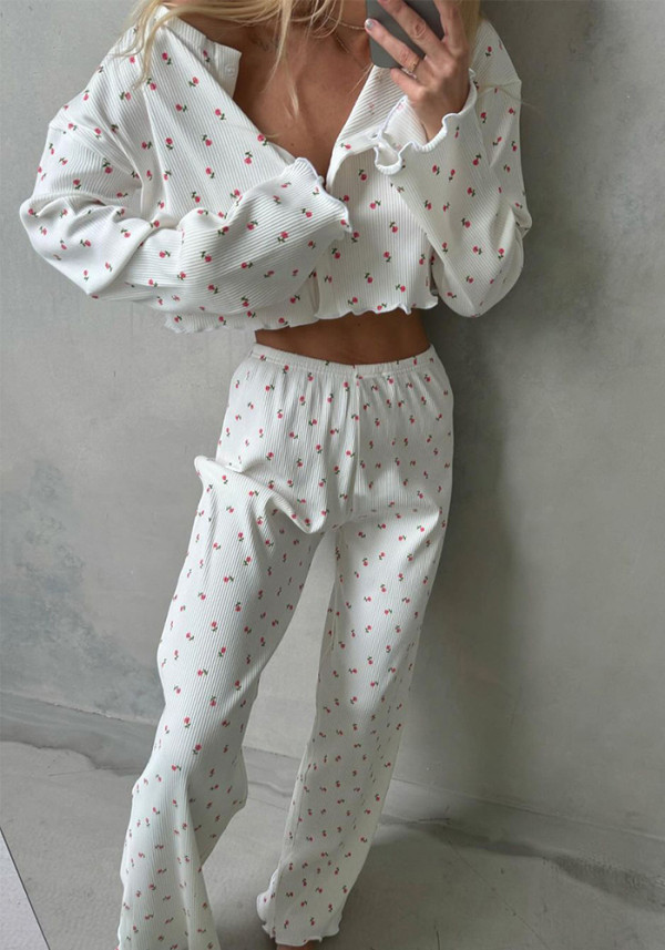 Women fall casual floral print long-sleeved top and pants Pajama set