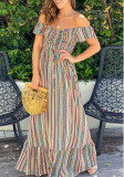 Women Summer Off Shoulder Short-sleeved striped pleated dress