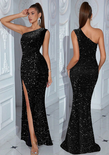 Women Slash Shoulder slit Bodycon velvet sequin dress