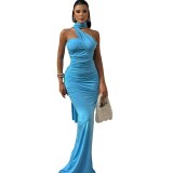 Women Sexy Backless Solid Halter Neck Slit Dress