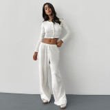 Women Casual two-piece set knitting basic button-down long-sleeved Top elastic trousers two-piece set pajamas and home clothes