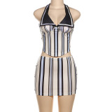 Women Summer Style Printed Sleeveless Halter Neck Striped Top and Skirt Two-piece Set