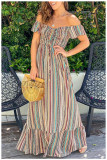 Women Summer Off Shoulder Short-sleeved striped pleated dress