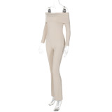 Fall Ribbed Off Shoulder Long Sleeve Solid Elastic Flared Jumpsuit