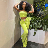 Women Summer Solid Sleeveless Strapless Embroidery Top and Pant Two-piece Set