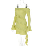 Women Fall Off Shoulder Ruffle Bell Bottom Sleeve Dress