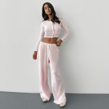 Women Casual two-piece set knitting basic button-down long-sleeved Top elastic trousers two-piece set pajamas and home clothes