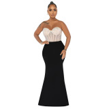 Autumn Winter Women's Feather Beaded Deep V Neck Long Sleeve Top Sexy Strapless Long Dress Two-Piece Suit