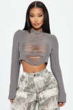 Women's Autumn Hollow Ripped Long Sleeve Crop Sweater