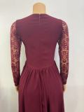 Women's Spring Square Collar Lace Long Sleeve Slim Waist Solid Color A-Line Party Dress