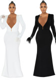 Autumn Winter Women's Feather Beaded Deep V Neck Long Sleeve Top Sexy Strapless Long Dress Two-Piece Suit