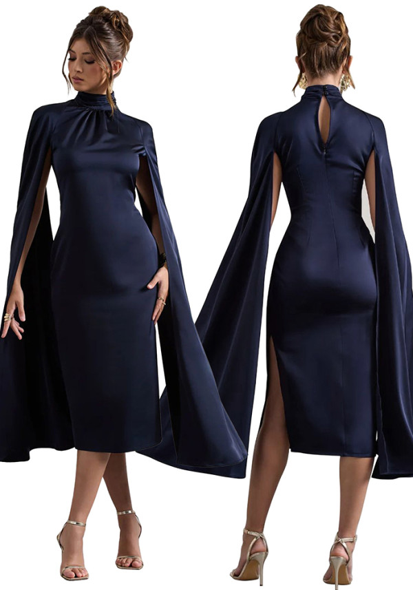 Women's Autumn Winter High Collar Cap Sleeve Satin Dress