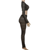 Autumn Winter Sexy See Through Mesh Long Sleeve Crop Top High Waist Hollow Tight Slim Trousers Two Piece Set