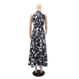 Women Sleeveless Chic Print Fashion Slit A-Line Long Dress