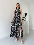 Women Sleeveless Chic Print Fashion Slit A-Line Long Dress