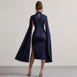 Women's Autumn Winter High Collar Cap Sleeve Satin Dress