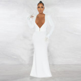 Autumn Winter Women's Feather Beaded Deep V Neck Long Sleeve Top Sexy Strapless Long Dress Two-Piece Suit