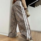 Leopard Print High Waist Stripe Wide Leg Pants Summer Women Street Trousers