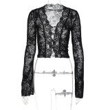 Women's Summer Fashion Print Sexy Mesh Lace Long Sleeve Top