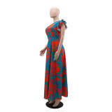Women's Slash Shoulder Sexy Slit Printed Formal Party Evening Dress
