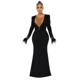 Autumn Winter Women's Feather Beaded Deep V Neck Long Sleeve Top Sexy Strapless Long Dress Two-Piece Suit