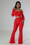 Summer Women's Clothing Solid Color Fashion Off Shoulder Long Sleeve Top Wide Leg Pants Two Piece Set