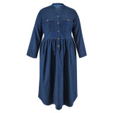 Plus Size Women's Denim Stand Collar Button Long Sleeve Long Dress