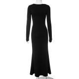 Women Autumn Square Neck Long Sleeve High Waist Slim Long Dress