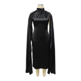 Women's Autumn Winter High Collar Cap Sleeve Satin Dress