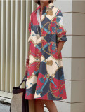 Fashion Print Turndown Collar Long Women's Shirt Dress