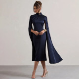 Women's Autumn Winter High Collar Cap Sleeve Satin Dress