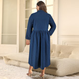 Plus Size Women's Denim Stand Collar Button Long Sleeve Long Dress