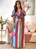 Striped Print Lace-Up Bow Slim Waist A-Line Long Dress