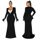 Autumn Winter Women's Feather Beaded Deep V Neck Long Sleeve Top Sexy Strapless Long Dress Two-Piece Suit